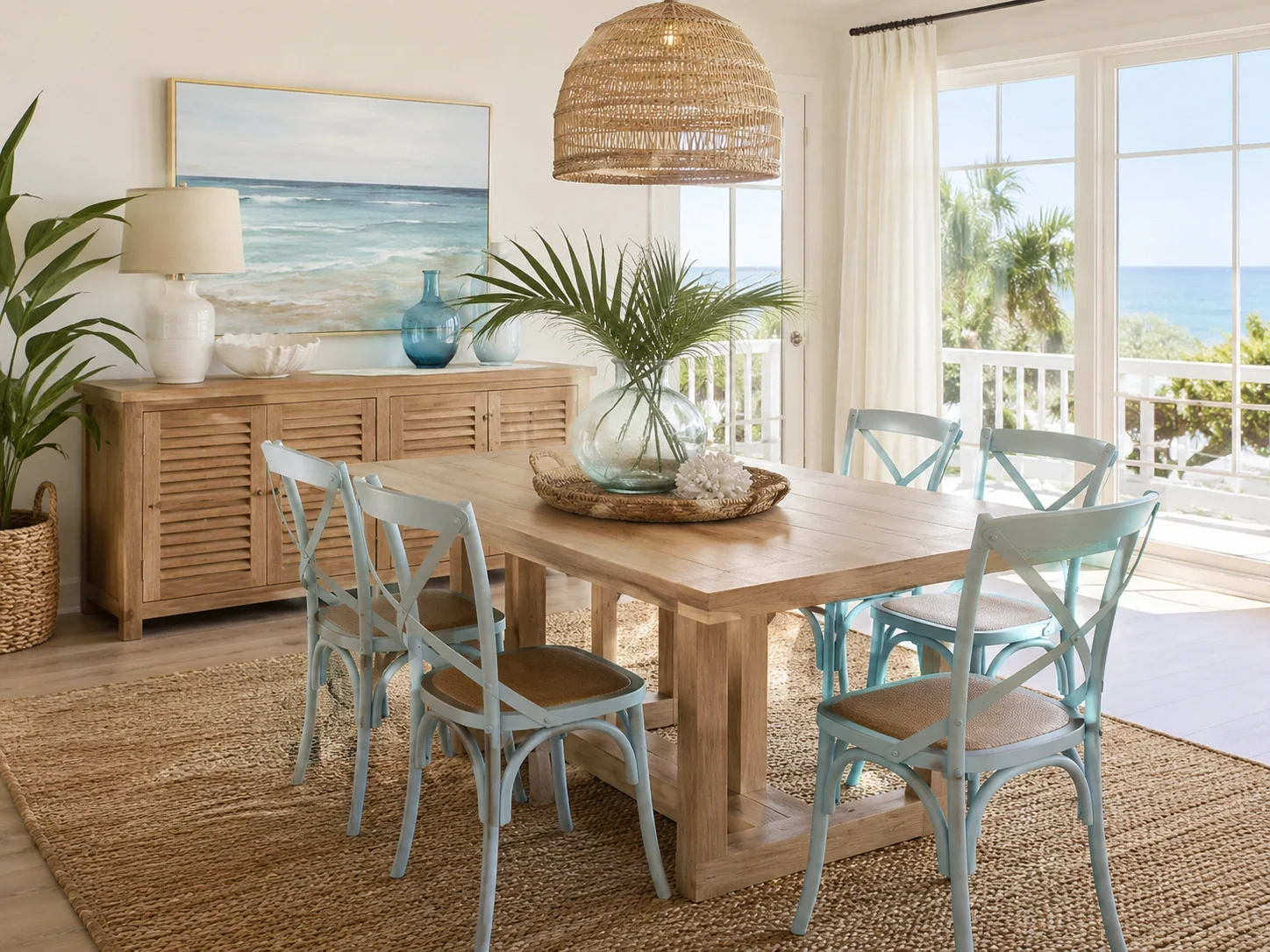 Coastal dining room with light colors and natural textures