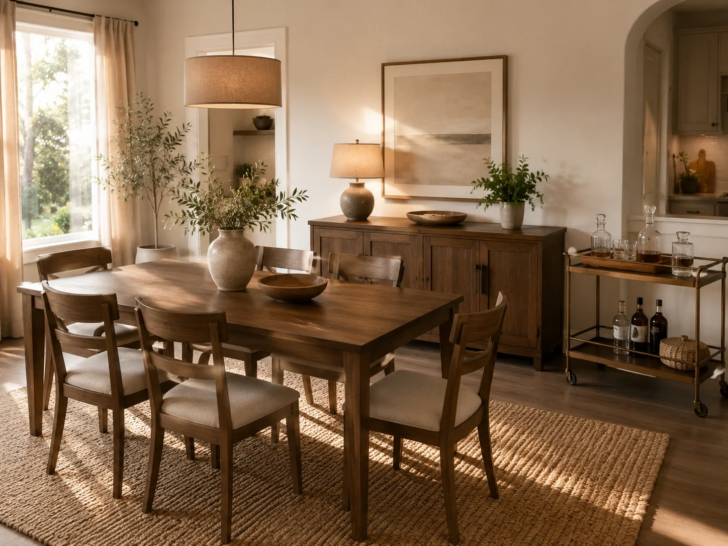 Essential dining furniture pieces including table, chairs, buffet, and bar cart