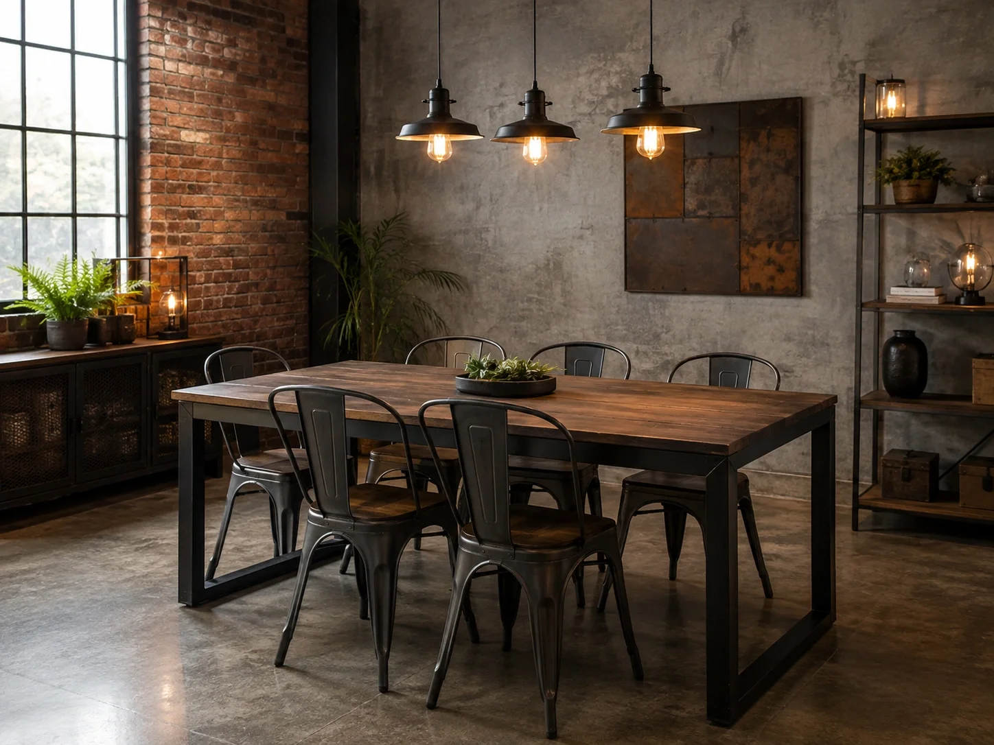 Industrial dining room with metal accents and raw finishes