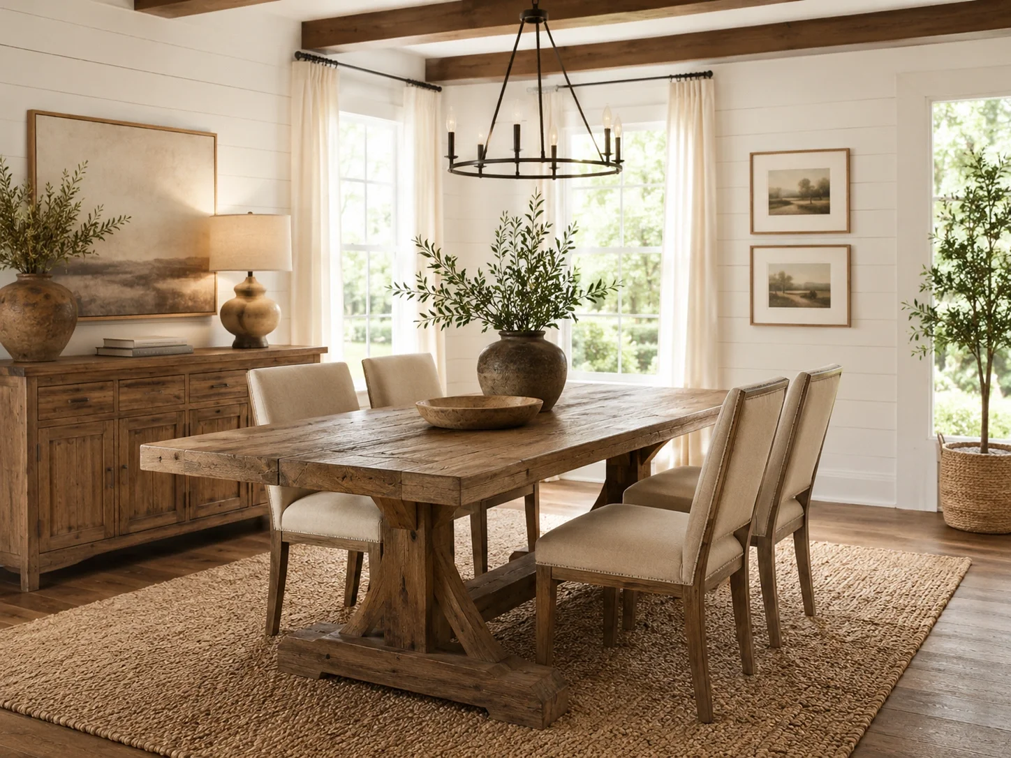 Modern farmhouse dining room with rustic table and neutral tones